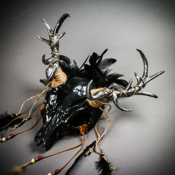 Antelope Devil Silver Deer Horn Skull Ghost Masquerade Mask - Black - Picture 5 of 9